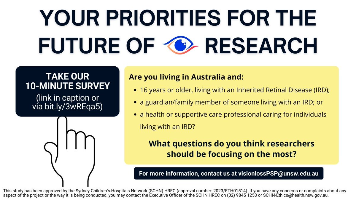 With limited 💵 &amp; time, its critical that research is prioritised that is most meaningful to those impacted by it. This is why we are inviting individuals w/ an Inherited Retinal Disease to tell us what matters most to them. Take part now!
unsw.au1.qualtrics.com/jfe/form/SV_bv…