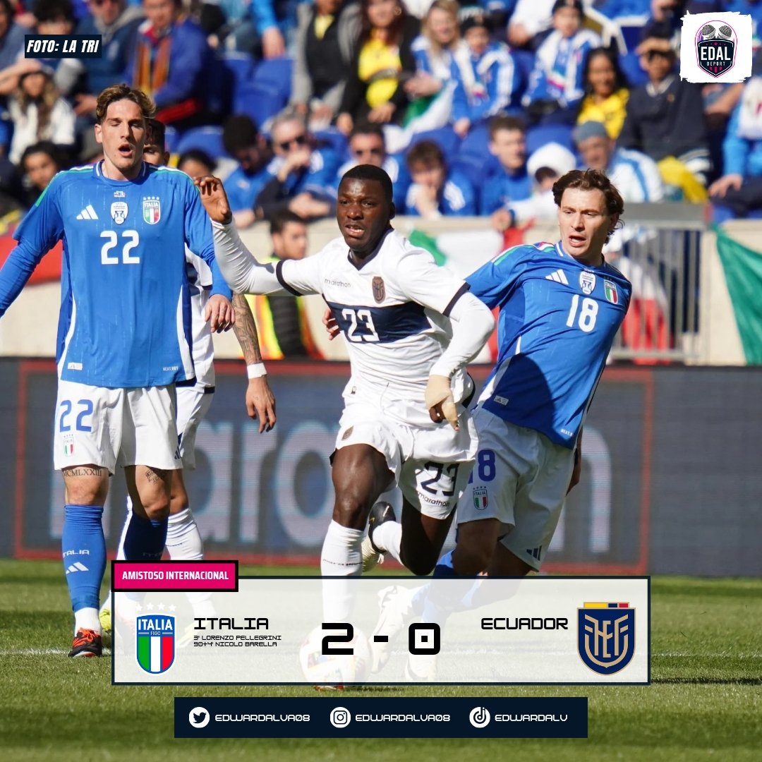 🔚 ¡𝗘𝗰𝘂𝗮𝗱𝗼𝗿 𝗻𝗼 𝗽𝘂𝗱𝗼 𝗰𝗼𝗻 𝗜𝘁𝗮𝗹𝗶𝗮!

#Ecuador 🇪🇨 cayó 0-2 ante #Italia 🇮🇹 en un amistoso internacional 🤝 disputado en el 🏟️ Red Bull Arena de Nueva Jersey.

⚽ Lorenzo Pellegrini y Nicolo Barella le dieron el triunfo a la Azzurri sobre 'La Tri'.

📸 <a href="/LaTri/">La Tri 🇪🇨</a>