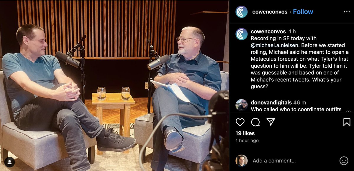 I rarely come out of interviews exhilarated, but people also rarely ask as stimulating questions as @tylercowen Only person who would ask me questions about the Netherlands, CS Peirce, Simon Weil, *and* quantum gravity, in close proximity. I'm not sure this will work for