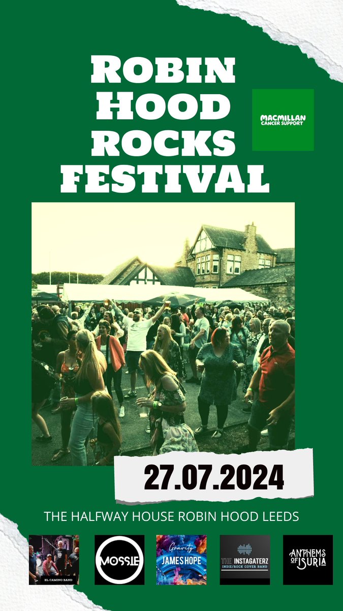 Robin Hood Rocks Fundraiser festival 27th July Raising funds for @macmillancancer Great day out for all the family!! Tickets on sale soon 💚 #leeds #festival #charity #lufc