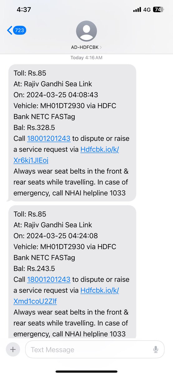 ManishJainn's tweet photo. @OfficeOfNG @FASTag_NETC @HDFCBank_Cares @nitin_gadkari #Fastags at #BandraWorliSealinks are faulty &amp; are charging customers twice during night times. There is no response to complaints either. Happened multiple times within a week. Attaching screenshots. This is poor managemt. https://t.co/rKCssJ1CZQ