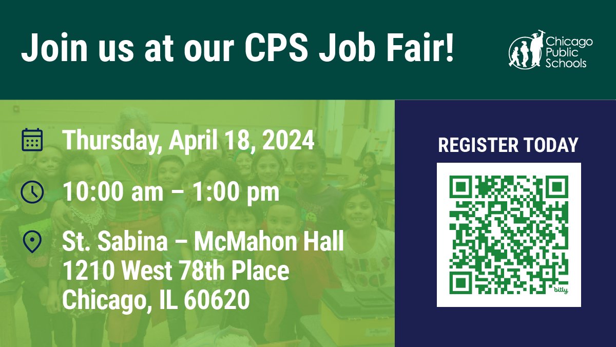 You are invited to attend our CPS Job Fair for candidates interested in becoming a paraprofessional, substitute paraprofessional or substitute teacher with Chicago Public Schools. Register today bit.ly/4chSABz 📅 Thursday, April 18, 2024 10:00am - 1:00pm