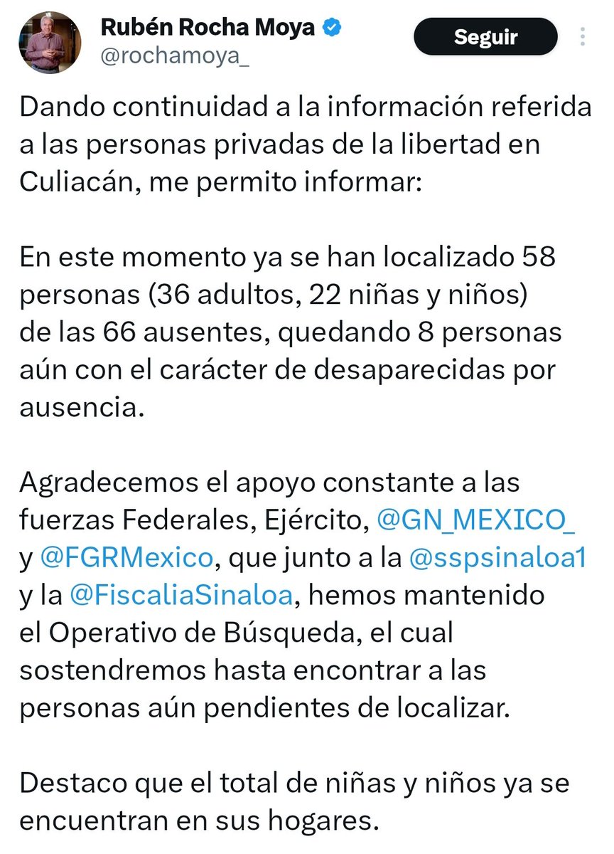 🔴Han sido localizadas 58 de las 66 personas secuestradas en #Culiacán, Sinaloa. 

El gobernador #RubénRochaMoya, confirmó está tarde a través de ‘X’ que tras los secuestros en el estado el pasado viernes, han localizado a 58, pero aún falta conocer el paradero de 8 personas.