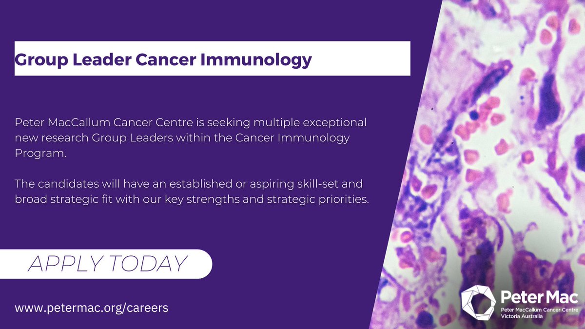 A rare opportunity exists to join the @PeterMacRes team as a group leader in the cancer immunology program. seek.com.au/job/74523445?r…