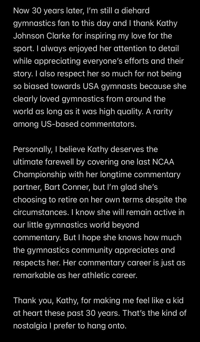 As a longtime fan of @kathyjohnsongym's commentary, here's a little something I wrote about her influence on my life in gymnastics. Congrats on a long and iconic career both as an athlete and commentator! Happy retirement!