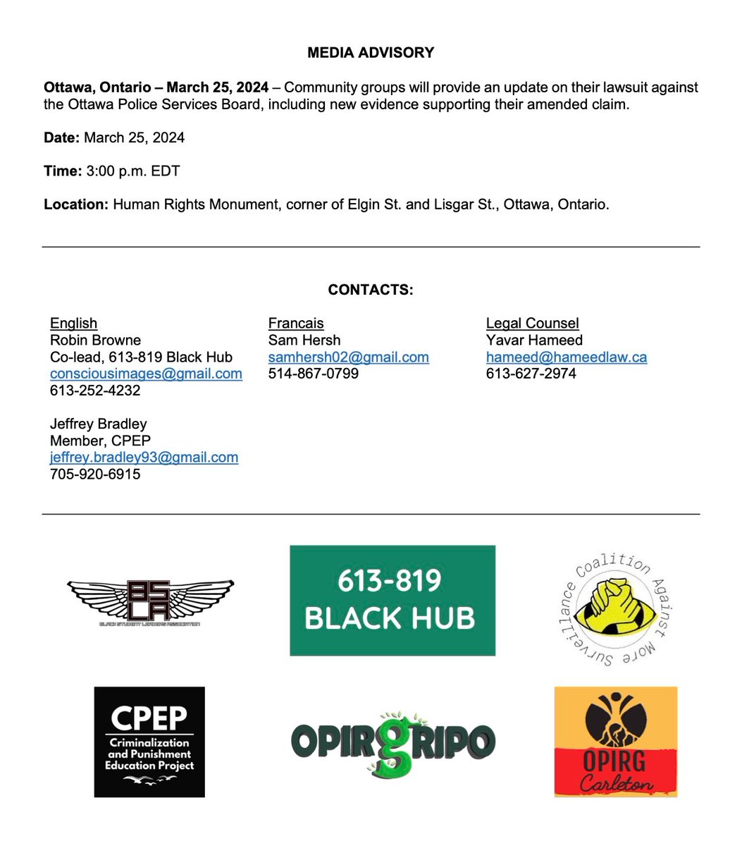 If you are in or around downtown #OttCity tomorrow afternoon at 3pm, check-out our press conference on the lawsuit against the Ottawa Police Services Board with BLSA, @613_819, @CAMSOttawa, @opirggripo & @OPIRGCarleton at the Human Rights Monument. #BuildCommunitiesNotCopShops