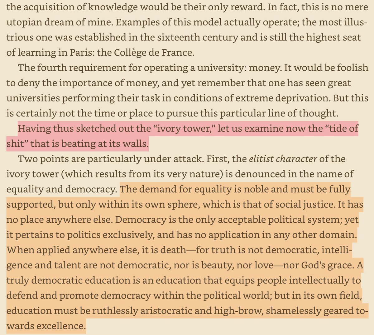 robkhenderson's tweet photo. "Democracy is the only acceptable political system..When applied anywhere else, it is death—truth is not democratic, intelligence and talent are not democratic..education must be ruthlessly aristocratic and high-brow, shamelessly geared towards excellence" https://t.co/F8fRzs8gvW https://t.co/Y6Wzxqnc3k