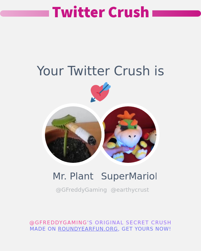 GFreddyGaming's tweet photo. My Twitter Crush is: @earthycrust

➡️ https://t.co/qHAky7rvcm https://t.co/aWpsQ1KtOj
