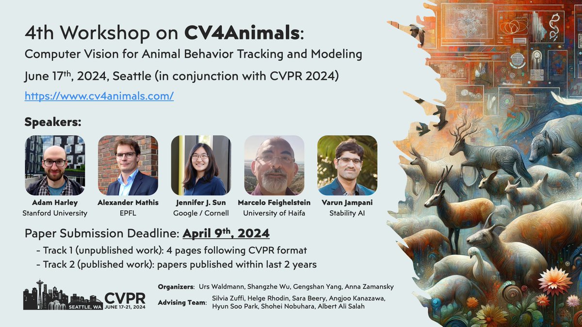 The submission deadline for the CV4Animals Workshop #CVPR2024 has been extended to 11:59 pm, April 9, 2024 (Pacific Time) Remember to send your favorite animal papers! 🦒🪼🐬🐿️🦩🐢🦘🦜🦥🦋 cv4animals.com @CVPR @ursNwaldmann @gengshanY @annazama