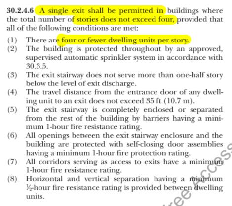 The state of Vermont allows taller single-stair housing than any state in the US because the state adopts NFPA 101 for egress requirements & not the IBC.

NFPA 101 (30.4.2.6) allows 4-story single-stair w/ 4 units per floor and VT is exploring amending to allow 6 units per floor.