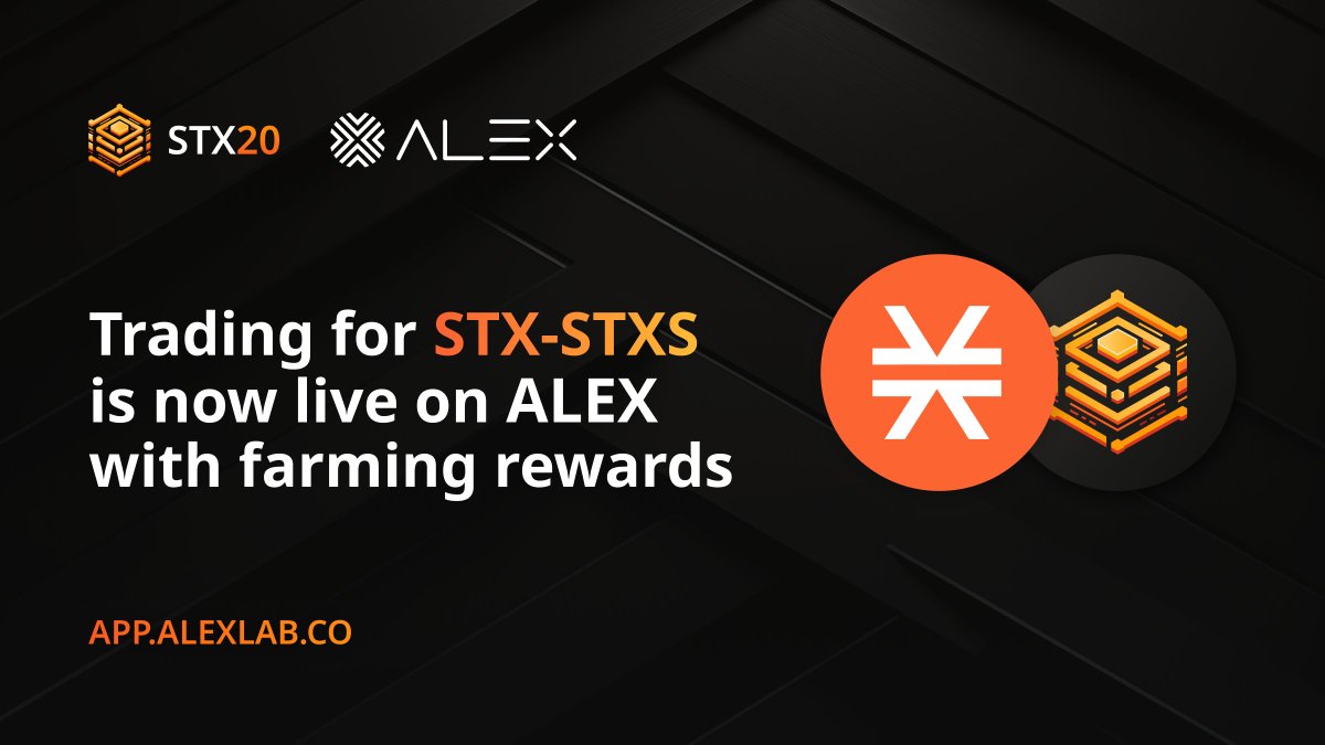Trading is now live for $STXS on <a href="/ALEXLabBTC/">ALEX 🟧 No. 1 Bitcoin DeFi</a> 

🟧 Swap: app.alexlab.co/swap?fromCurre…
🟧 LP: app.alexlab.co/pool/token-amm…
🟧 Farm LP: app.alexlab.co/farm/token-amm…
🟧 Wrap: stx20.com/wrap

STXS is the first mint of the STX20 protocol on Stacks