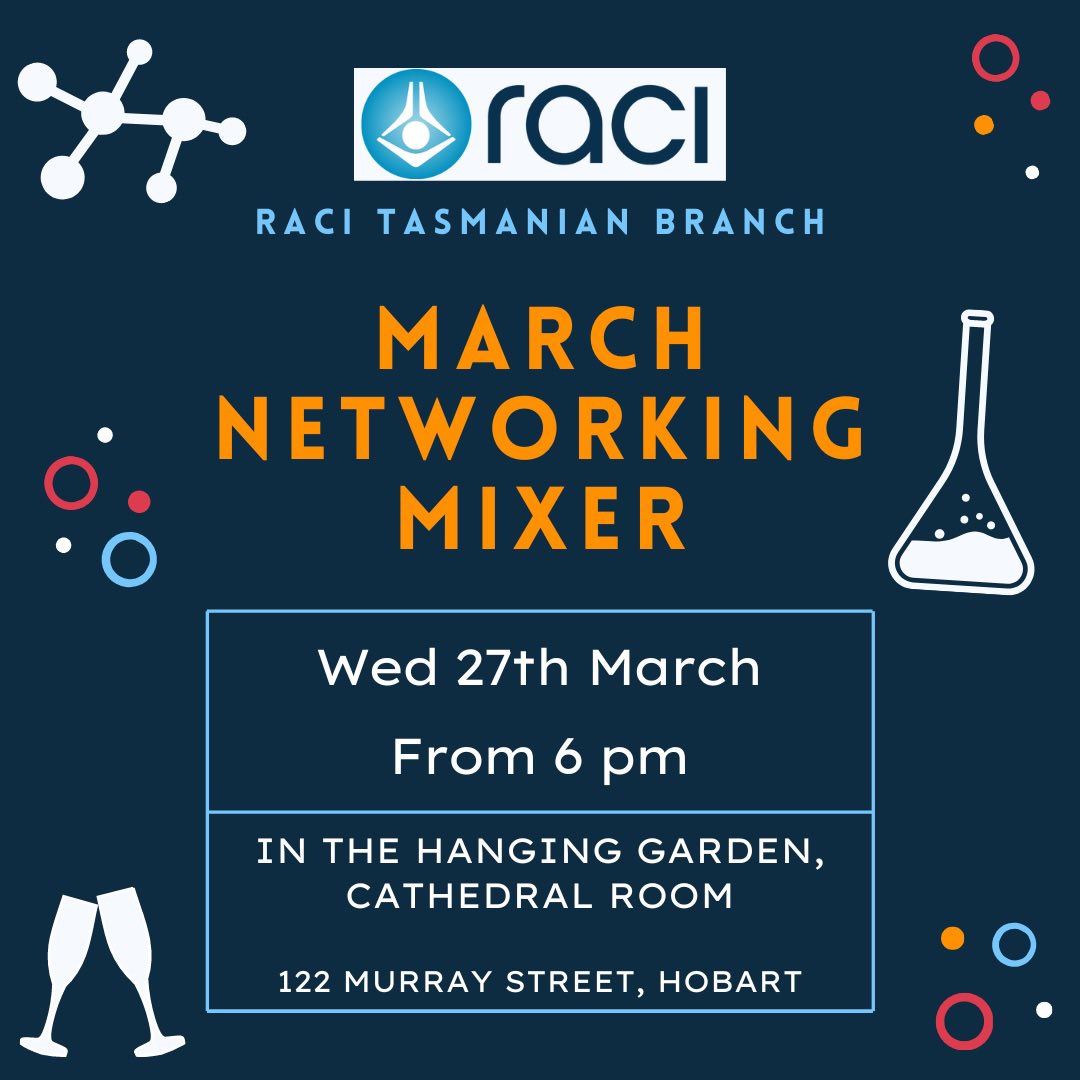 Alexandra Mutch (@mutchalexandra) on Twitter photo Tassie folks - hope to see you at the <a href="/RACInational/">Royal Australian Chemical Institute</a> Tasmanian Branch networking mixer this Wednesday!
Rego and further information on the RACI website: raci.org.au/RACI/Web/Event… Tassie folks - hope to see you at the <a href="/RACInational/">Royal Australian Chemical Institute</a> Tasmanian Branch networking mixer this Wednesday!
Rego and further information on the RACI website: raci.org.au/RACI/Web/Event…