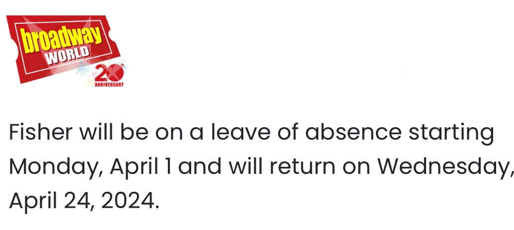 🚨 Jordan Fisher has extended his run as Orpheus till the 15th of September. *** Please note that Jordan has a leave of absence from Monday 1st April and he will return for his birthday on Wednesday 24th April.