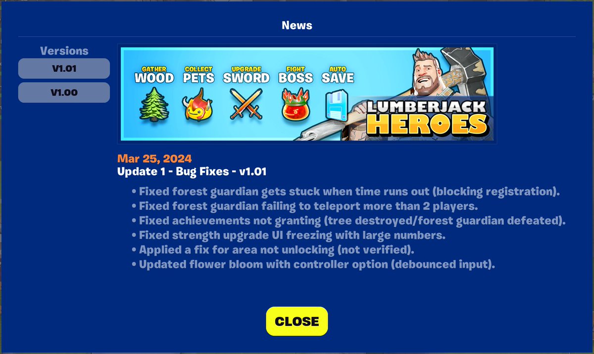 The response to the release of Lumberjack Heroes was  amazing. Thank you all for the feedback and kind word! This is an awesome community.
I have pushed an update to address some issues I have been made aware of.