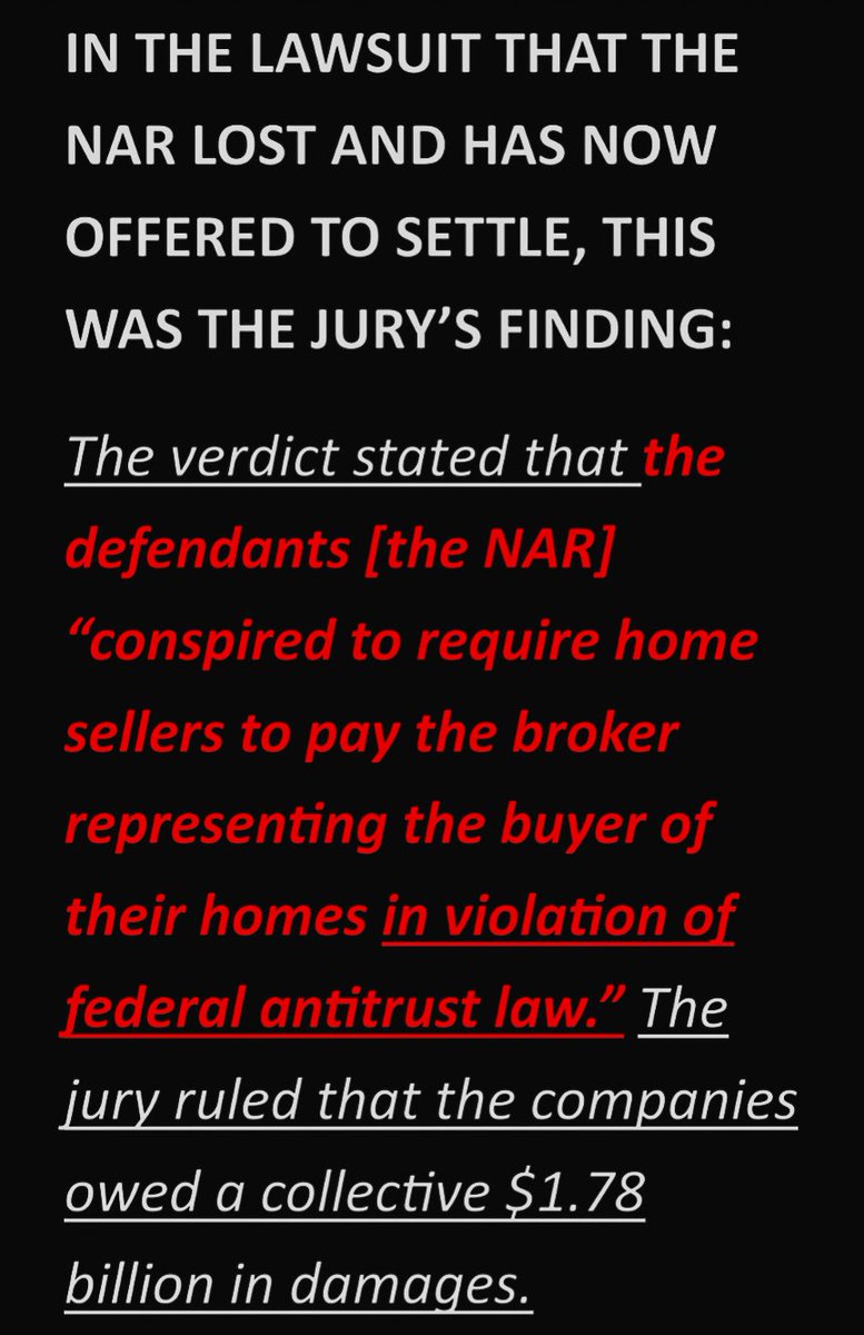 Not one single 'realtor' or whatever they call themselves is being honest with you about the trial the NAR lost. This is what the jury determined. This is the TRUTH. #realtor #narlawsuit #realestate #antitrust #conspire #guiltyverdict #buyersagent #sellersagent #realestateagent