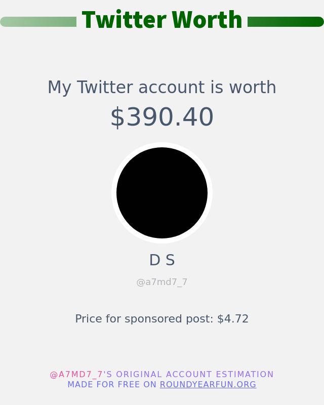 a7md7_7's tweet photo. My Twitter worth is: $390.40

➡️ https://t.co/TNCDwSroGi https://t.co/h9jMl5vRmu