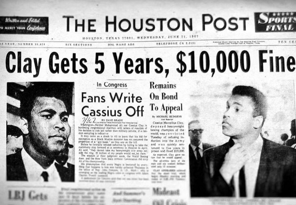ll_Akuba's tweet photo. 🚨 Muhammad Ali was convicted for refusing the draft for the Vietnam War in Houston, Texas.🚨

In June 20, 1967, boxing legend Muhammad Ali was convicted for refusing the draft for the Vietnam War in Houston, Texas. Ali had been a vocal opponent of the US war, expressing his views by saying, "Why should they ask me to put on a uniform and go 10,000 miles from home and drop bombs and bullets on brown people in Vietnam while so-called Negro people in Louisville are treated like dogs?"

In an attempt to suppress the growing resistance to the war, Ali was given the maximum sentence of five years imprisonment and a $10,000 fine. However, these efforts proved unsuccessful as the anti-war movement continued to gain momentum. Despite the Nation of Islam starting to distance themselves from Ali, demonstrations in support of him took place worldwide, from Egypt to Guyana, London to Ghana. Four years later, the Supreme Court overturned his conviction.

Ali remained steadfast in his convictions, stating, "I wasn't trying to be a leader. I just wanted to be free. And I made a stand all people, not just Black people, should have thought about making because it wasn't just Black people being drafted. The government had a system where the rich man's son went to college, and the poor man's son went to war. Then, after the rich man's son got out of college, he did other things to keep him out of the Army until he was too old to be drafted."