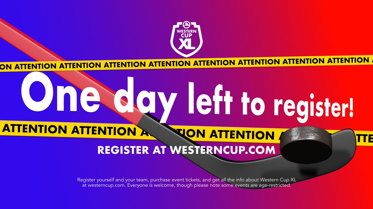Calling all hockey players! You have ONE DAY LEFT to lock in your registrations to play in Western Cup XL! Individual player spots are still available. Registration closes Monday, March 25 (tomorrow!) at 7:00 PM MDT. Don’t miss out! Register now at westerncup.com/sports.