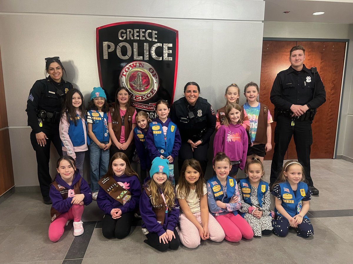 GreecePoliceNY's tweet photo. 🚨Girl Scout Tour🚨 On 3.24.24, @GreecePoliceNY provided a tour of Headquarters to Troop #60872. The Girl Scouts learned about being a police officer &amp; had some fun! Great job, Sgt. Cubiotti, Off. Militello, &amp; Off. Spall! #TheFuture #LookAtThoseSmiles https://t.co/wTnK7ELKEY