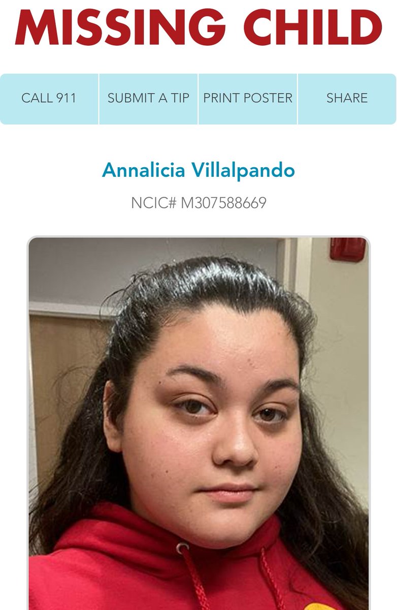 CrimeNJusticeYT's tweet photo. 🚨🚨 STILL MISSING 🚨🚨

Annalicia Villalpando is still missing from Aurora, Illinois last seen Sept. 7, 2023. Annalicia is 5'8, 200 lbs with black hair and brown eyes. 

#MissingTeen #MissingIllinois #Repost https://t.co/Bhwjtm1DdV
