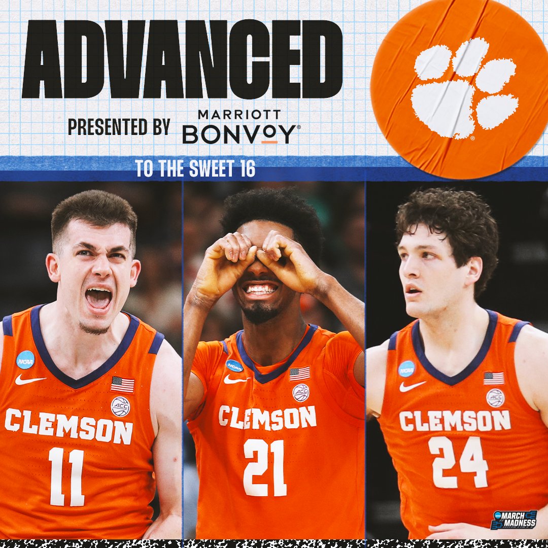 (6) CLEMSON IS ON TO THE SWEET 16 🔥

The Tigers upset (3) Baylor 72-64 to stick around for another weekend 🐅 #MarchMadness