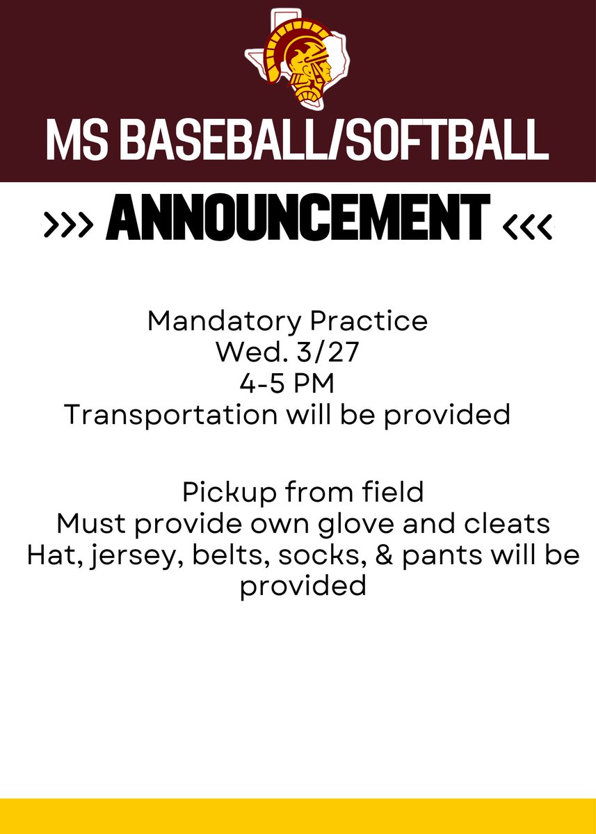 HS/MS Spring Sports Itineraries for the week of 03/25 to 03/29

MS Baseball and Softball announcement attached. Remind codes are below:

Text 81010
Trojan MS Baseball - @g8ga993
Trojanette MS Softball - @7abf7f3

*Schedules are subject to change*

#WFW