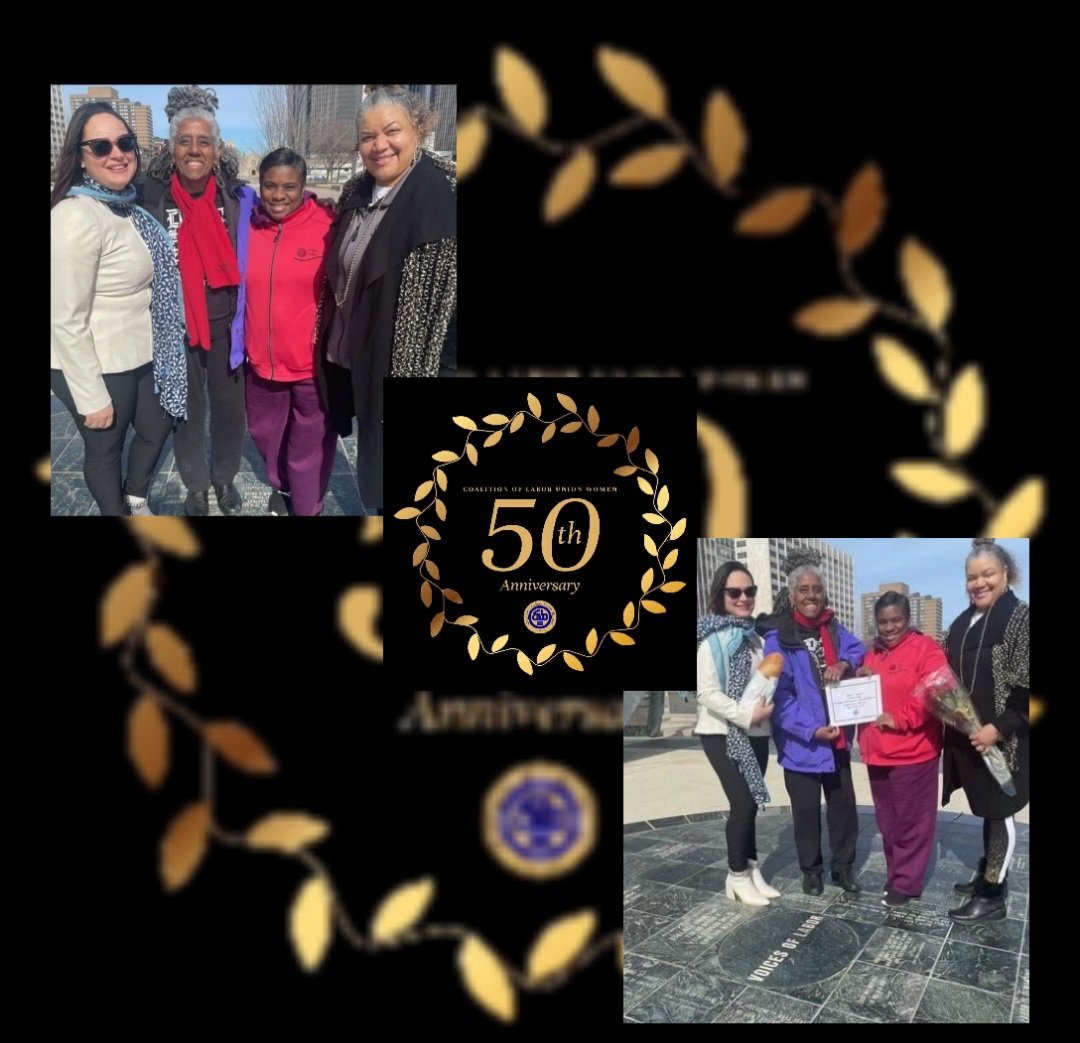 UAWRegion1's tweet photo. Happy Founder’s Day CLUW!  Ashley Lewis;  Elise Bryant; Michigan Denise Caldwell; and  Tamika Johnson CLUW's first President, Olga M. Madar, name is engraved in the monument. The group held "bread and roses" to honor all the founding members of CLUW! https://t.co/MgWDWR4HHY