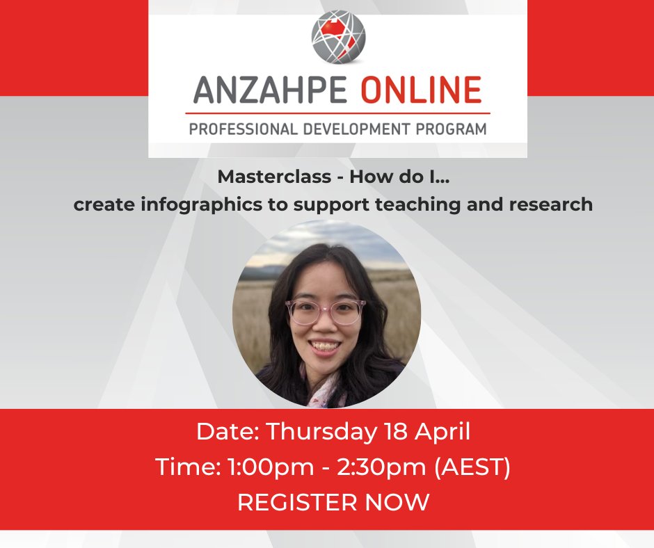 LAST CHANCE TO REGISTER: for our Masterclass with Grace Leo! 'How do I... create infographics to support teaching and research' Date: Tomorrow, Thursday 18 April Time: 1pm - 2.30pm (AEST) Register here: anzahpe.org/event-5481227