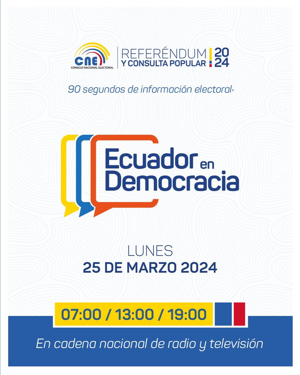 #ReferéndumYConsulta2024🗳️ | A través del programa en #EcuadorEnDemocracia 📽️📢 te explicamos lo que necesitas saber para ejercer un #VotoInformadoEc.

Sigue la transmisión en radio📻 y televisión📺 .⤵️