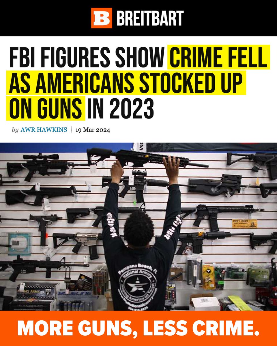 NRA's tweet image. FBI figures show that crime fell in 2023, a year with over one million background checks a month for gun purchases. 

Criminals become less bold when citizens refuse to be victims and choose to arm themselves. This is just common sense.  

@AWRHawkins ➡️ nra.wiki/fbi