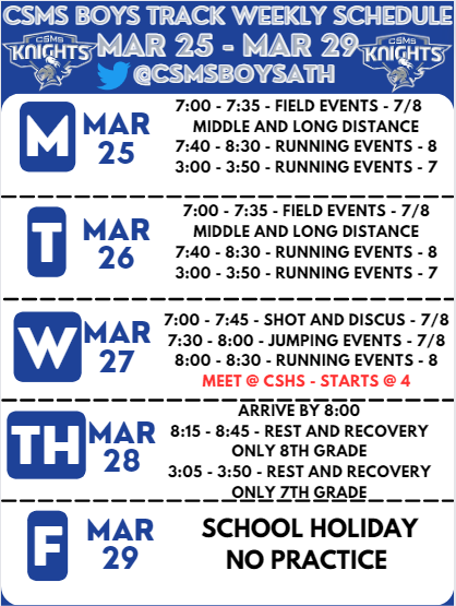 CSMSBoysAth's tweet photo. Week 6 Track Schedule https://t.co/dCracb0wsU