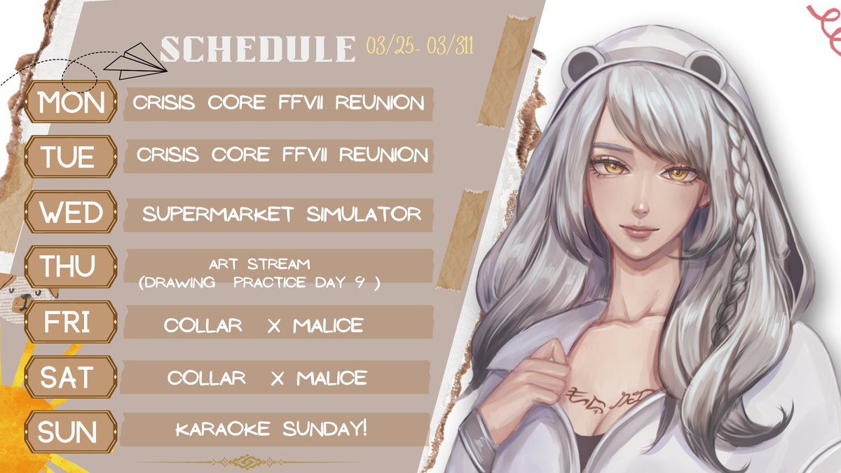 Finally ~ I'll be able to focus on stream stuff.
I'll be able to focus on collabs too. Let's go, Sil! 

Schedule for this week! 
Hope to see you 😉

🎨@/kayyyart