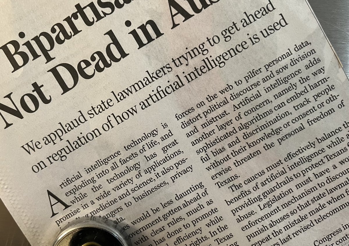 Great opinion article in the @dallasnews . Our work on AI is necessary and I’m thankful for the members of the Innovation & Technology Caucus for their continued efforts on the world’s most powerful technologies. #txlege @ITCaucus dallasnews.com/opinion/editor…