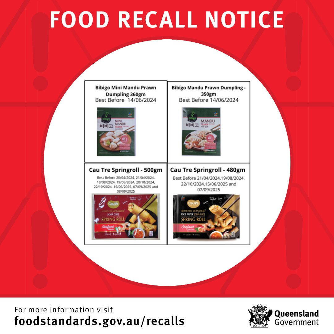 ⚠️ Food recall notice ⚠️ CJ Nutracon PTY LTD T/A CJ Foods Australia is conducting a consumer level recall on the following products: 👉Bibigo Mini Mandu Prawn Dumpling 360gm 👉Bibigo Mandu Prawn Dumpling 350gm 👉Cau Tre Springroll 500gm 👉Cau Tre Springroll 480gm Reason for…