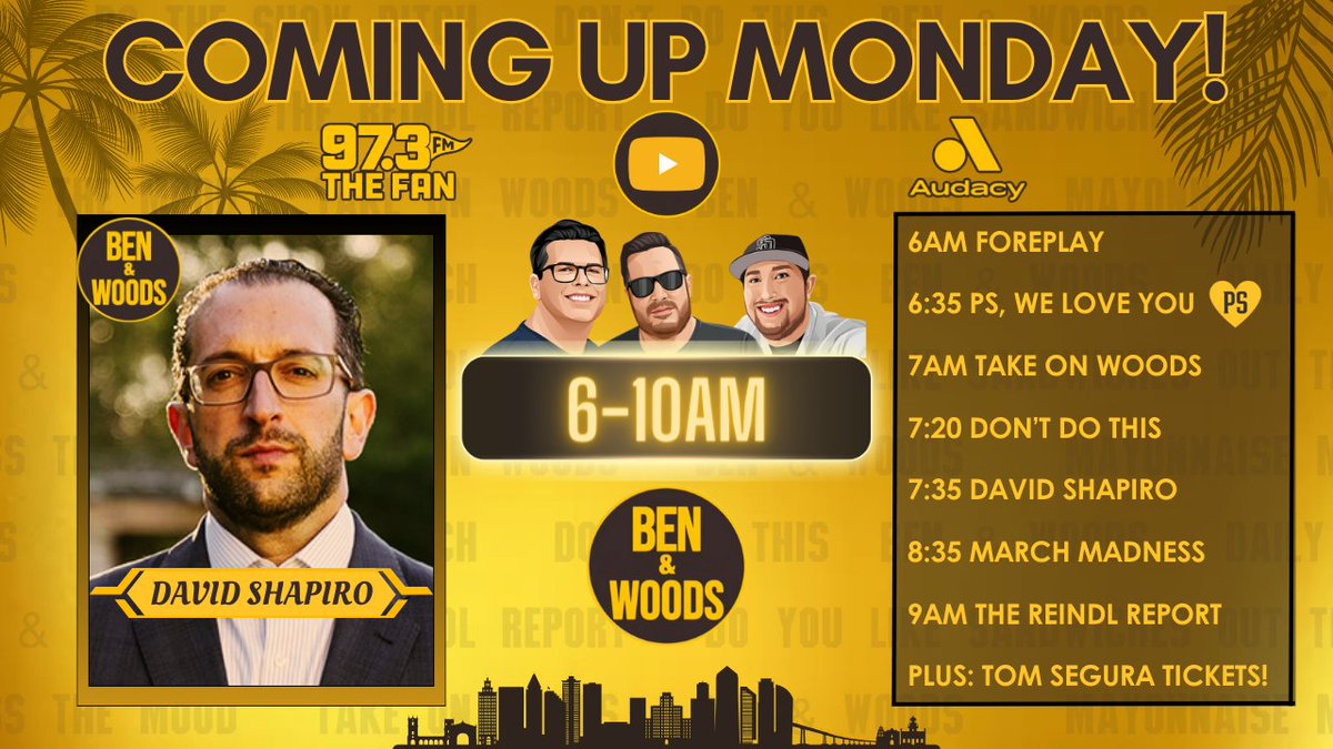 Ben & Woods (@benandwoods) on Twitter photo Coming up on Monday!
Opening Day is nearly upon us, we'll hear some clips from Peter Seidler's Celebration of Life, discuss the NCAA Tournament, and our lawyer buddy <a href="/DPShapiro/">David P. Shapiro, Esq.</a> has opinions on what's going on with Shohei Ohtani...
Foreplay starts at 6am on <a href="/973TheFanSD/">97.3 The Fan</a>! 💛 Coming up on Monday!
Opening Day is nearly upon us, we'll hear some clips from Peter Seidler's Celebration of Life, discuss the NCAA Tournament, and our lawyer buddy <a href="/DPShapiro/">David P. Shapiro, Esq.</a> has opinions on what's going on with Shohei Ohtani...
Foreplay starts at 6am on <a href="/973TheFanSD/">97.3 The Fan</a>! 💛