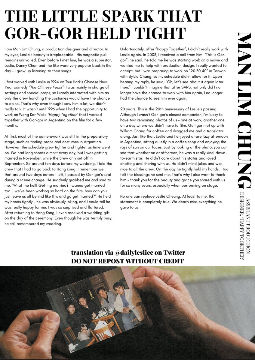 dailylesliec's tweet image. &quot;Happy Together&quot; production designer Man Lim Chung on Leslie Cheung, Art and Piece Issue 16 (April 2023).

💬 | &quot;On the day he tightly held my hands, I too felt the blessings he sent me.&quot;