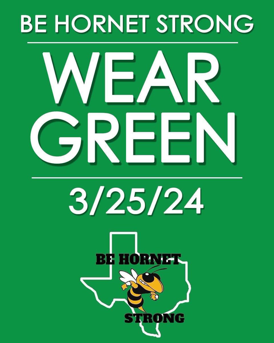 On Monday, March 25, 2024, students & employees across @HaysCISD will wear green in a show of solidarity & support for the Tom Green Elementary community following their tragic bus crash. @TCWSETx let’s support & Be Hornet Strong 💚💜🐝💚 #TCWSEr13