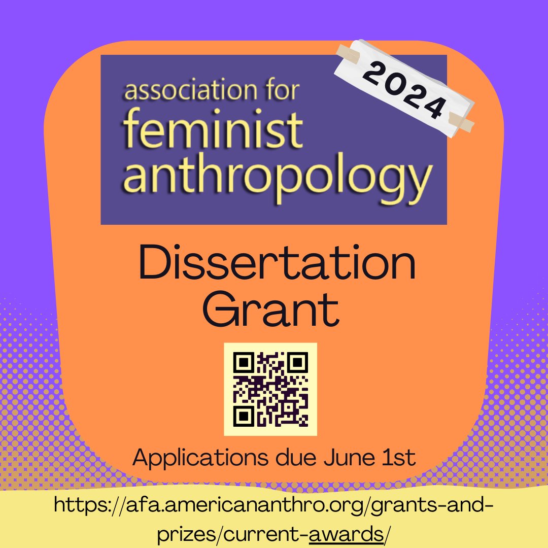 Call for applications (due June 1st)! 
Dissertation Grant offers $2k to an ABD student from any subfield of Anthro, whose diss uses a feminist analytic lens, or centers feminist anthro theory or methods. 
Contact @MythriJega mjegathesan@scu.edu with questions

#anthrotwitter
