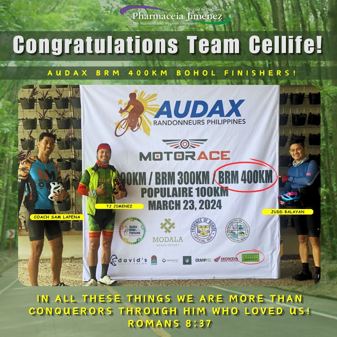 CCellife's tweet photo. Congratulations Team Cellife AUDAX BRM 400KM FINISHERS!!!
March 23, 2024
SR Judd Balayan
SR Tj Jimenez
SR Sam Lapena

In all these things we are more than conquerors through HIM who loved us! - Romans 8:37

#AllGlorytoGodAlone  #NutritionThatMatters #Audax400Bohol #teamcellife https://t.co/AZfUiHbYeZ