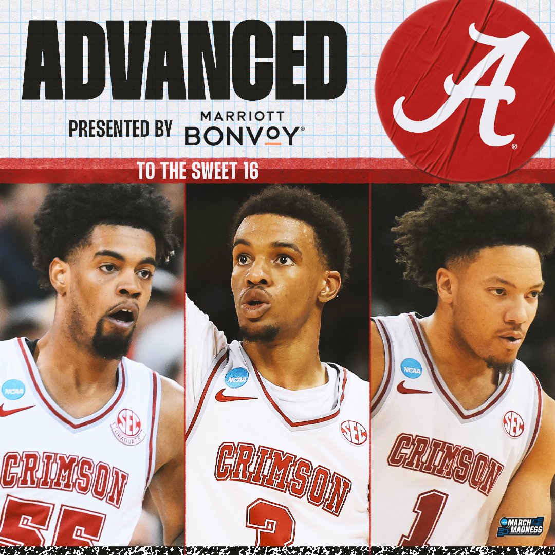 MarchMadnessMBB's tweet photo. (4) ALABAMA MOVES ON TO THE SWEET 16 🔥

The Tide hold off (12) Grand Canyon 72-61 to keep dancing 🕺 #MarchMadness https://t.co/GnuqU0lGYX