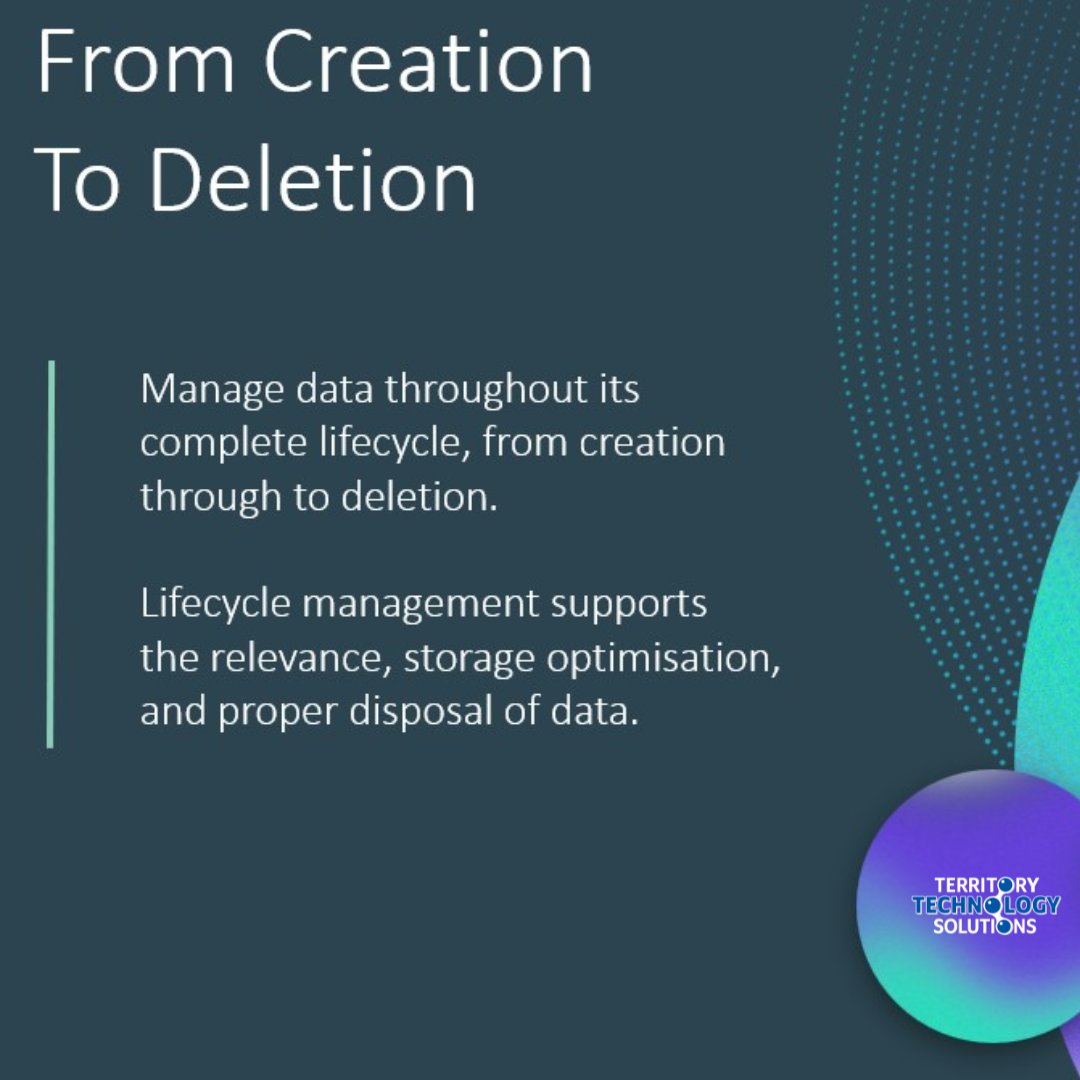 TerritoryTech's tweet photo. Navigating through the complete lifecycle of data management, from data creation to deletion, is crucial. This overall approach enhances efficiency and compliance, and helps to establish a reliable single source of truth. https://t.co/CKseaUb8g5