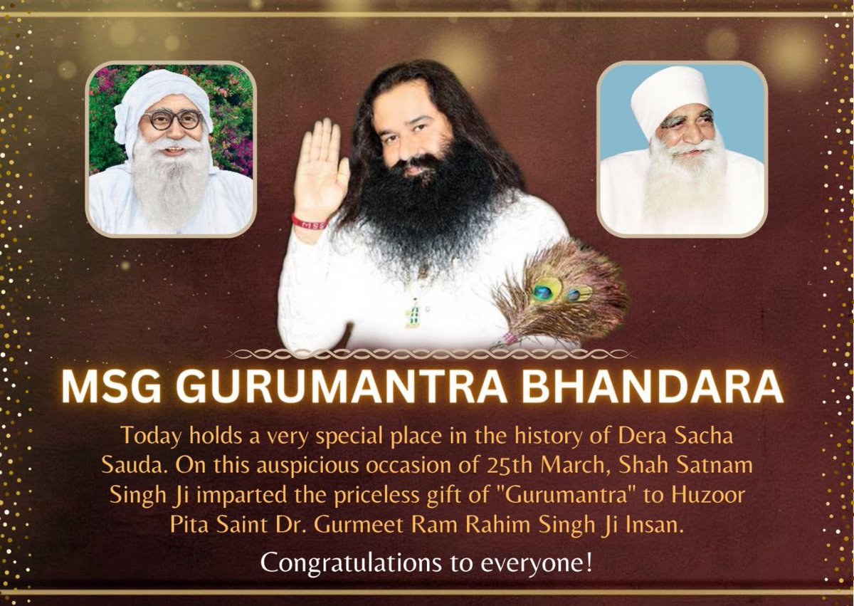SudeshArora15's tweet photo. Greetings on the pious MSG Gurumantra Bhandara, the day when Guru Papa Saint Dr. MSG Insan Ji was bestowed with pious Gurumantra from his Spiritual Master, Parampita Shah Satnam Singh Ji Maharaj.
Happy #MSGGurumantraBhandara https://t.co/T7KuYn0lAj