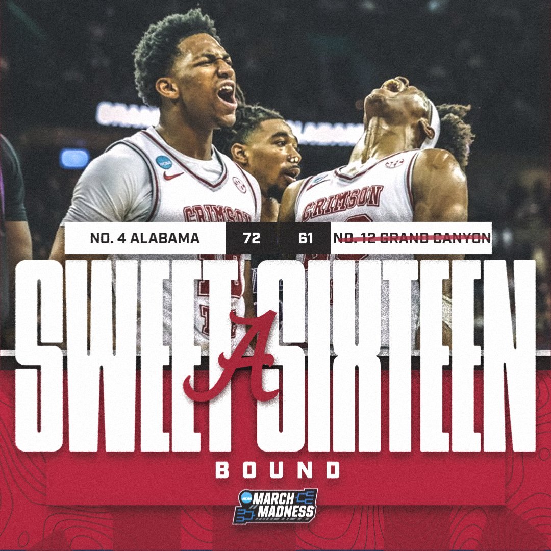 SEC's tweet photo. Oh how SWEET it is!

No. 4 @AlabamaMBB survives an all out war over No. 12 Grand Canyon and advances to the Sweet Sixteen

#SECMBB x @MarchMadnessMBB https://t.co/kmdEnq17PT