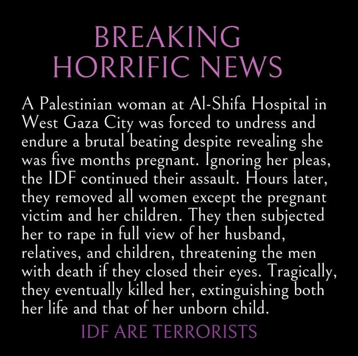 SheikhSpeaks804's tweet photo. Women being sexually humiliated by Israeli occupation forces in front of their families, one woman was raped for 2 days until she was unable to speak, yet nothing is being done about it.

This is not being investigated or reported.

#Israel #Gaza #Palestine
#MoscowAttack #Russia https://t.co/KNxmXCm38f