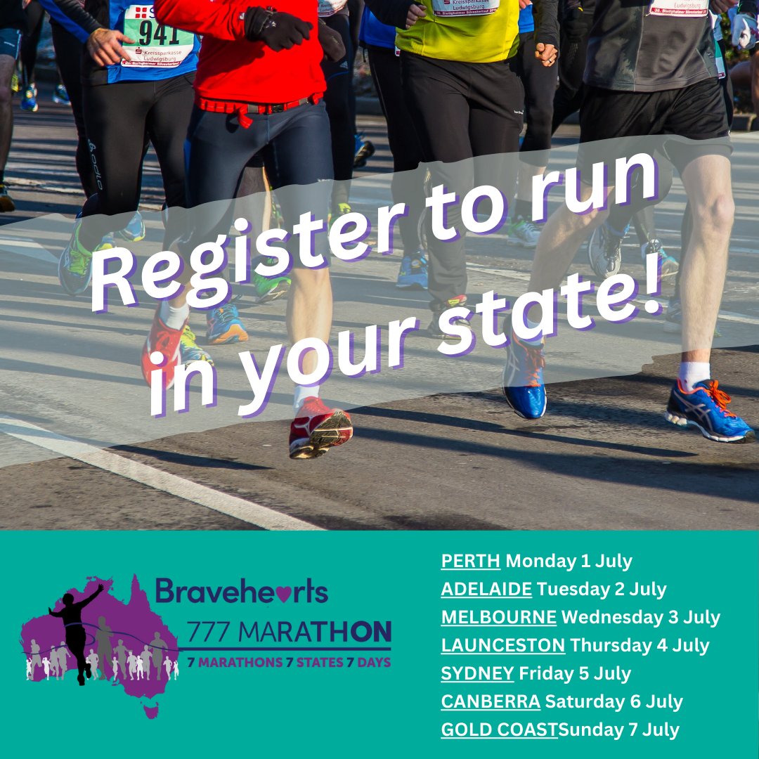 In July we’re running the annual 777 marathon! 7 marathons in 7 states across 7 days. We’re open for registration of state runners so get your kicks and head to this link for details: fundraise.bravehearts.org.au/event/777marat…