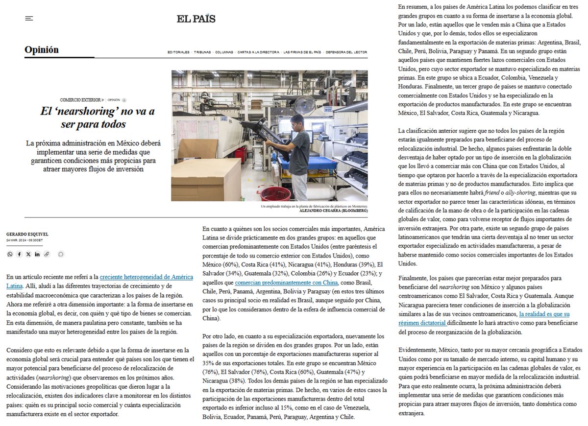 Mi artículo de hoy para @elpaismexico: 'El 'nearshoring' no va a ser para todos' elpais.com/mexico/opinion…