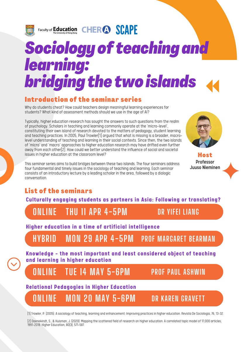 Exciting news: I will host an online seminar series about the sociology of teaching and learning in #HigherEd for CHERA! <a href="/HkuScape/">HKU SCAPE</a>

We have four experts talking about student partnership, AI, knowledge and relational pedagogies. Register below!

Poster:
bit.ly/49bo2Pg