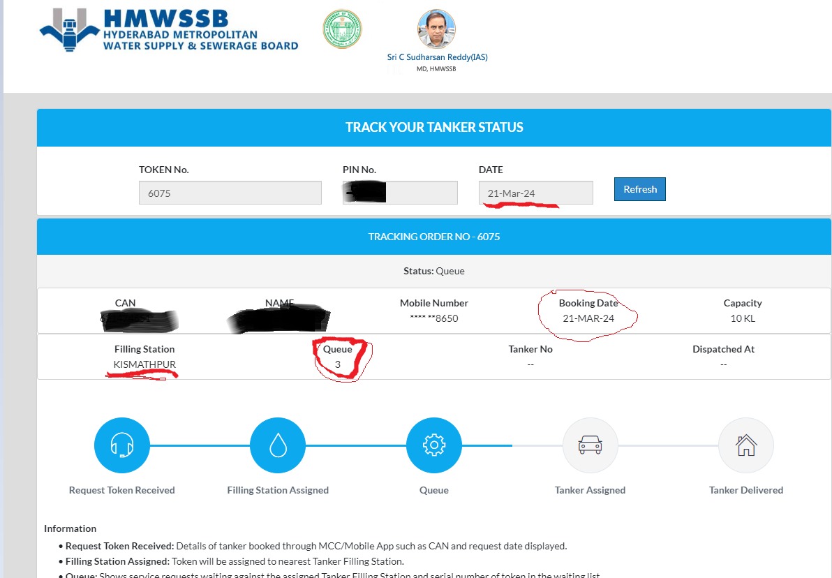 SeumpTrust's tweet photo. @HMWSSBOnline @MDHMWSSB Dear Mr. Sudarshan Reddy garu, since March 21 when I booked a tanker, I am getting only sms, but no water tanker delivered until now. KISMATPUR Tanker incharge Mr. Narender told me on phone my token 6075 is not received by his office. Please help. https://t.co/ULzqU44dkI