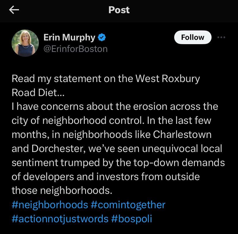 Politicians like @EdforBoston and @ErinforBoston like to pander to residents with their support for a community process that often slows and sometimes stops us from making streets safer. #bospoli #mapoli #actionnotjustwords