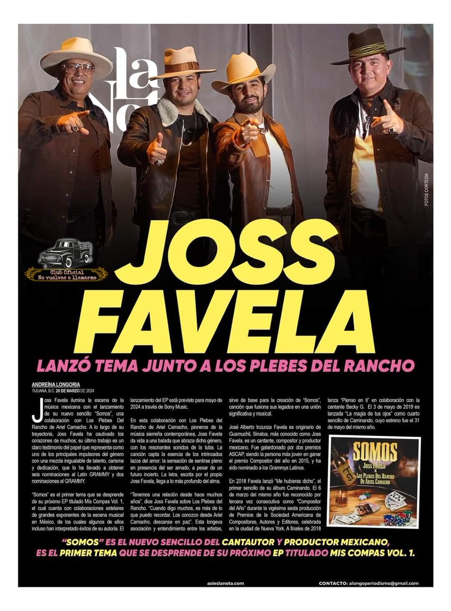 jossfavela13's tweet photo. Joss Favela lanzรณ tema junto a @losplebesmusic
โSomosโ es el nuevo sencillo del cantautor y productor mexicano, es el primer tema que se desprende de su prรณximo EP titulado Mis Compas Vol. 1.olaboraciones #miscompasvol1
๐ฐ @asieslanota
@JossFavela #JossFavela https://t.co/pdzFGdm4G7